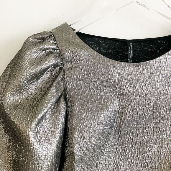 Zara Trafaluc Small Puff Sleeve Crop Top Blouse Metallic Pewter Silver Textured - Picture 2 of 6